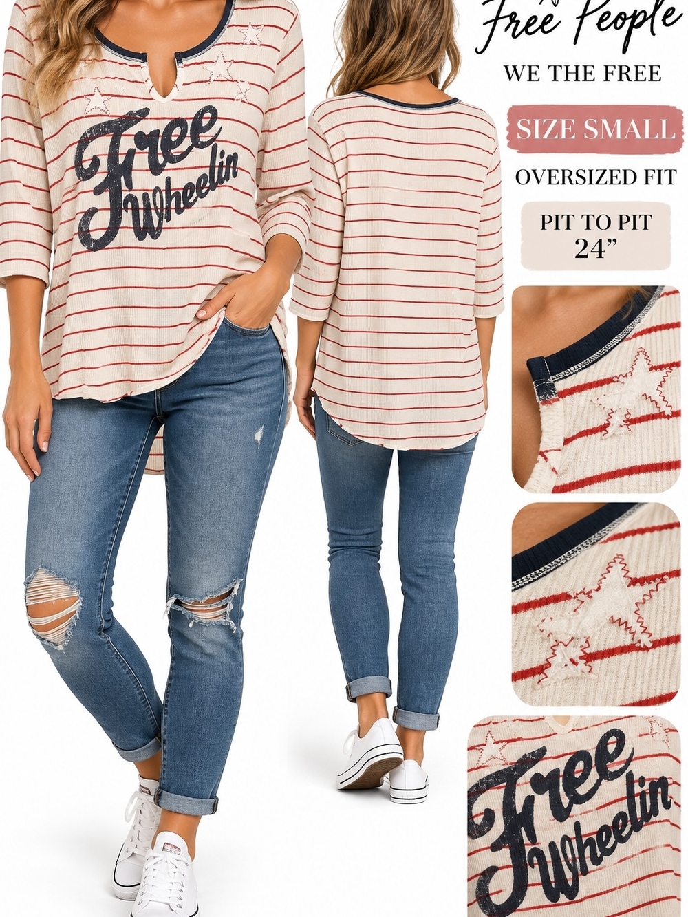 Free People Cream and Red Striped 'Free Wheelin' Graphic Oversized Top
